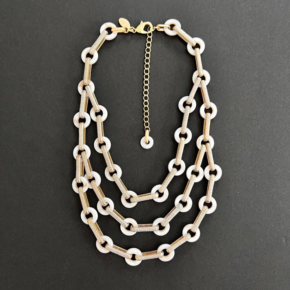 Chico's Mother of Pearl Multi-strand Gold Textured Link Statement Necklace - Picture 11 of 12